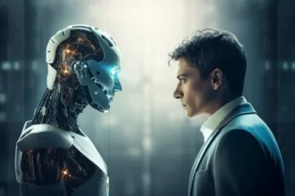 A futuristic cityscape showing AI-powered robots assisting humans, symbolizing how AI is changing our lives in daily activities.